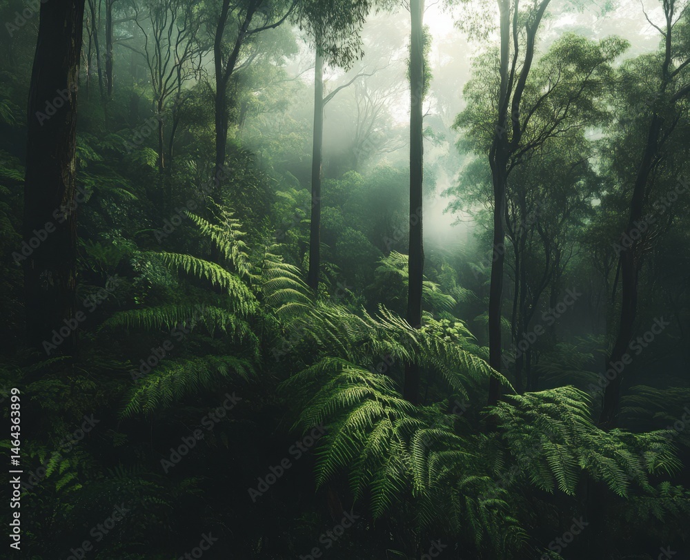 Obraz premium A lush green forest with ferns and tall trees on a foggy day