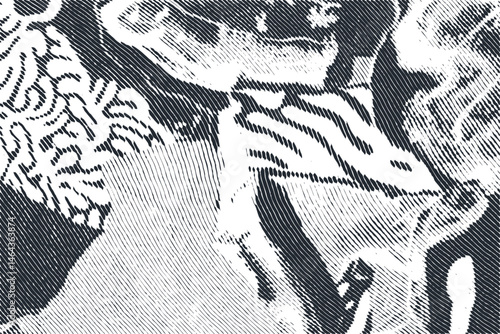 Abstract vector collage background. Monochrome composition of diverse patterns, featuring an engraving or linocut print texture. Modern graphic art.