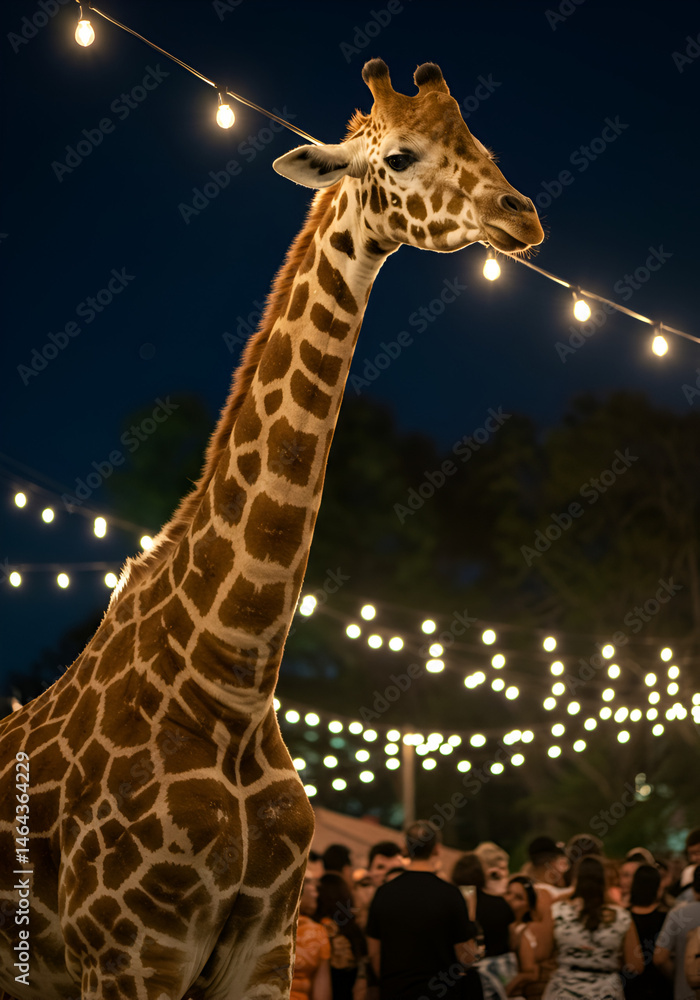 Obraz premium Giraffe at night with string lights
