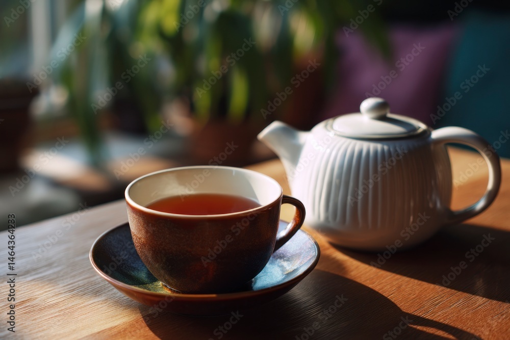 Fototapeta premium Enjoying Warm Tea with Ceramic Teapot on Wooden Table Indoors