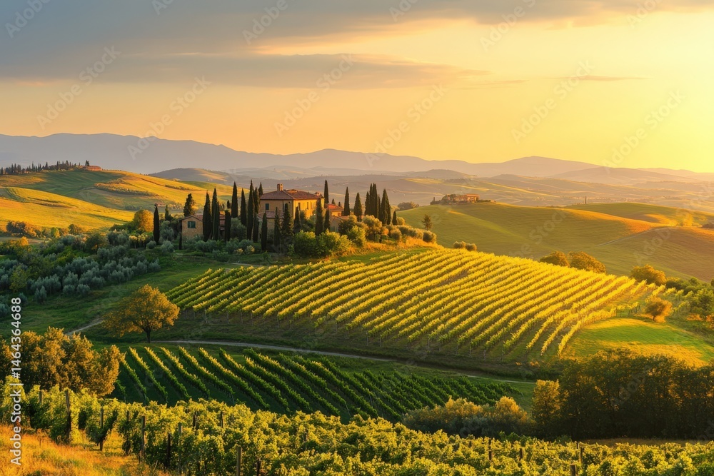 Naklejka premium On a hill, find a charming house amid a beautiful vineyard