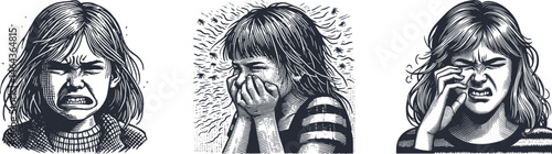 Set of Engraving Designs Featuring a Girl Grimacing at Something Unpleasant – Expressive Facial Reaction Art for Engraving, Wood Burn Art, and Digital Craft Projects. clip art, ink, vintage
