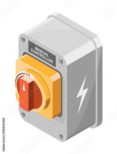 Isometric illustration of industrial manual power controller switch for electrical safety and equipment operation in factory and engineering environments