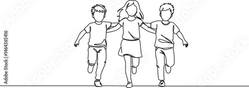 continuous single line drawing of three cheerful kids running together, line art vector illustration