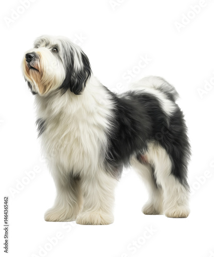 A cute brown and white Australian Shepherd dog, a pedigreed canine pet, is sitting isolated in a studio with a white background, resembling a small terrier 