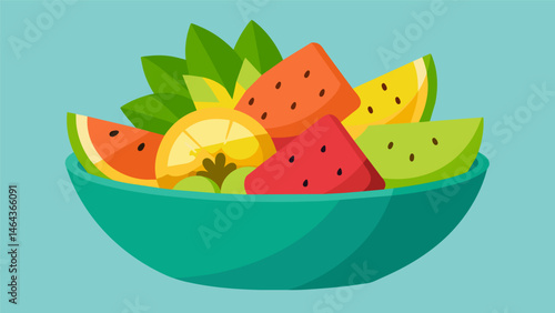 A large bowl of fresh fruit filled with bitesized pieces of watermelon pineapple and kiwi providing a healthy option for soccer game snacks.. Vector illustration