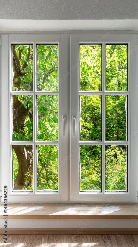 Fototapeta premium Sunlight streams through a white window framing a lush green forest with vibrant trees and natural beauty, creating a peaceful and serene indoor outdoor view.