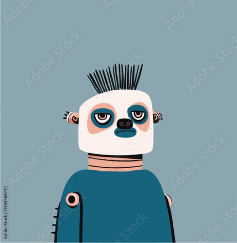 Punk sloth, robot, hipster, suit, cartoon, vector, illustration, profile picture, front view, tech bro, futuristic, urban, hip, hipster animal, for gift card, flyer, web, ad, green blue white black