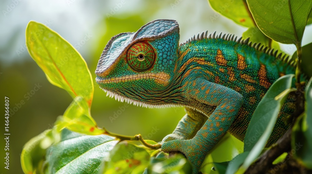 Fototapeta premium Close-up view of a vibrant chameleon amidst lush foliage.