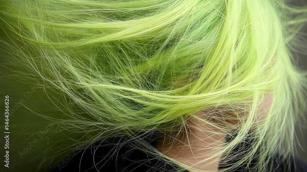 Naklejka premium A close up view of a trendy teenage girl s hairstyle featuring a bold and eye catching neon green underlayer that creates a dynamic layered look with vibrant movement and texture