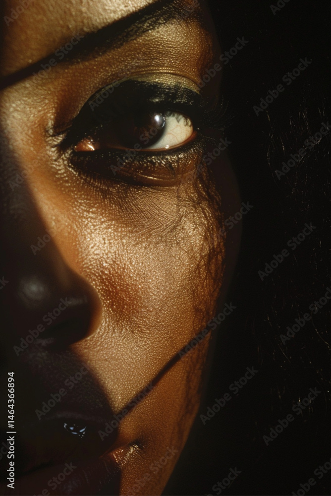 Cinematic close-up of an African American woman’s face, half hidden in shadow, only one eye visible, intense gaze, soft lips partially revealed, dramatic chiaroscuro lighting