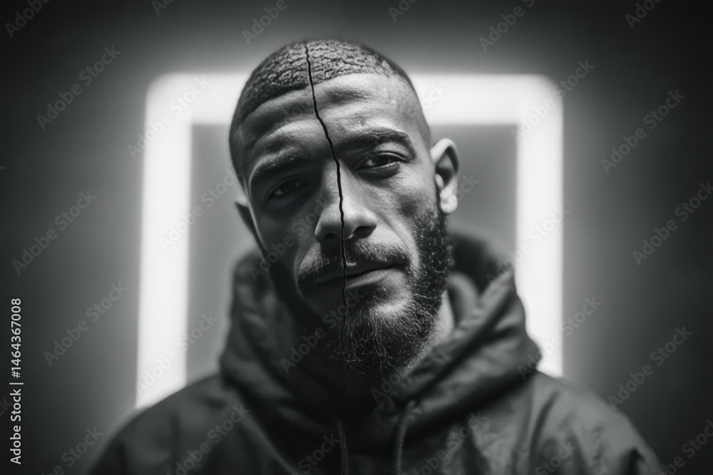 Surreal portrait of a young Arab man with a split face in darkness Black and white Surreal portrait of a young Arab man with a split face in darkness Black and white