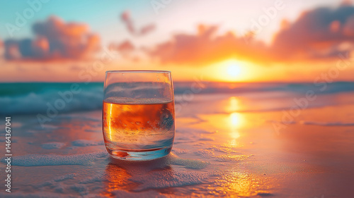 A glass filled with sand placed on beach during sunset creating a peaceful coastal atmosphere