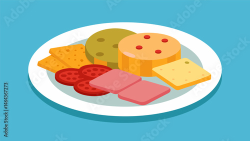 A mix of whole grain crackers cheese cubes and turkey pepperoni for a satisfying and balanced snack.. Vector illustration