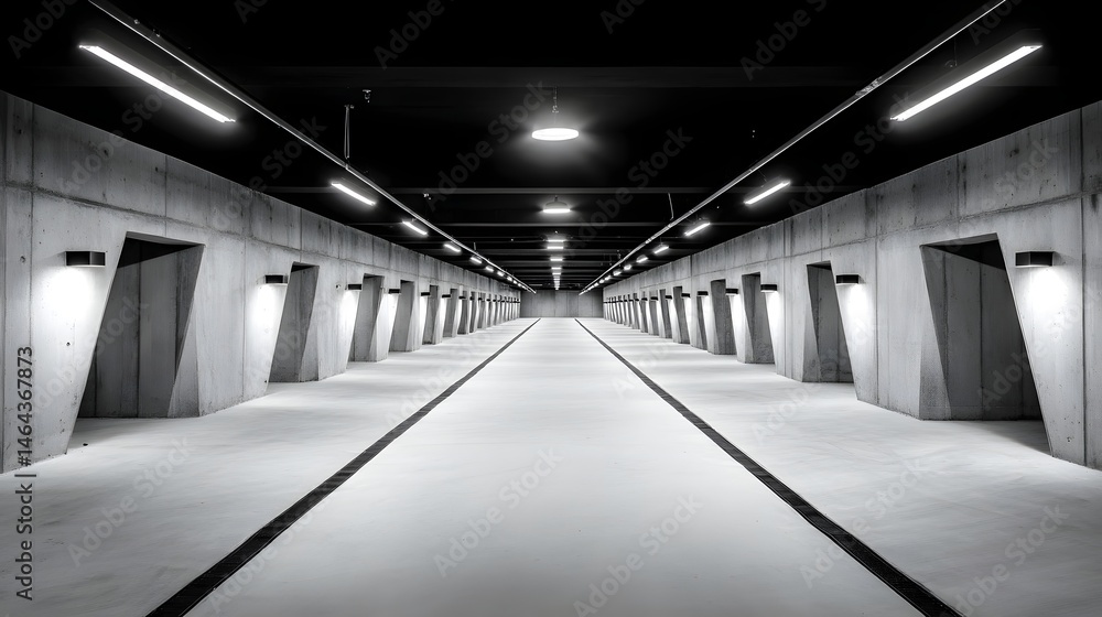 Fototapeta premium A long symmetrical hallway with multiple doors leads to a minimalist industrial style garage with moody lighting and sharp angles