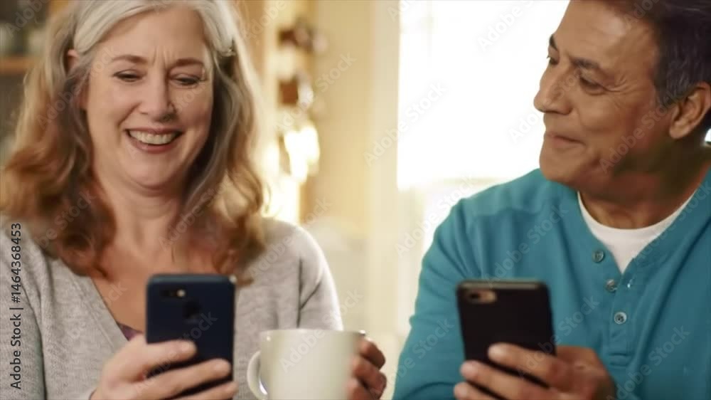 A middle-aged couple, a Hispanic man and a Caucasian woman, enjoys coffee together while looking at their smartphones. They share smiles and laughter in a warm, inviting home environment A middle-aged couple, a Hispanic man and a Caucasian woman, enjoys coffee together while looking at their smartphones. They share smiles and laughter in a warm, inviting home environment