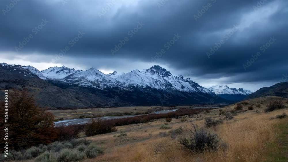Majestic snow-capped mountains under a dramatic sky near a flowing river at twilight Majestic snow-capped mountains under a dramatic sky near a flowing river at twilight