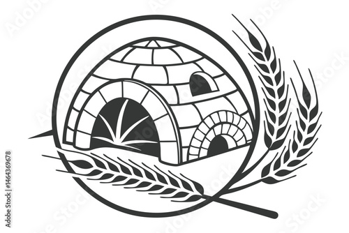 6 black and white icon, pizza oven logo, circular design, brick oven, wheat stalks, minimalist, stylized, geometric shapes, symmetrical composition, negative space, simple lines, monochrome illustrati