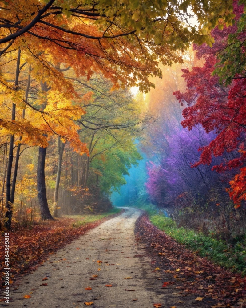A path lined with autumn leaves leading toward a vibrant forest symbolizing the transition through different life phases and the beauty of change.