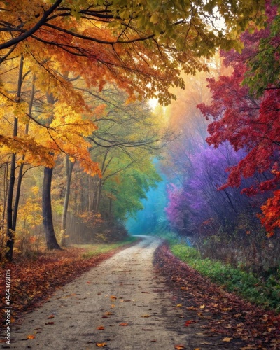 Obraz na płótnie A path lined with autumn leaves leading toward a vibrant forest symbolizing the transition through different life phases and the beauty of change. w salonie