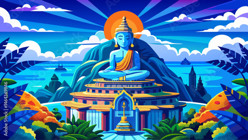 close up Very beautiful blue sky and blue ocean are on the back of Phuket Big Buddha.