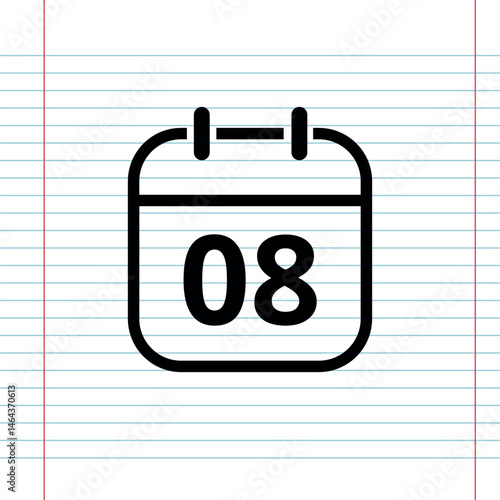 Simple flat calendar icon isolated on a background that simulates a notebook sheet, calendar icon with a specific day, day 08.