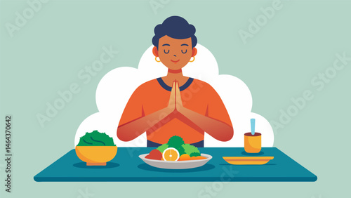 A person meditating before a meal focusing on gratitude and appreciation for the nourishment about to be received.. Vector illustration
