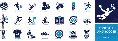 Flat vector icons representing football and soccer elements such as balls, players, goals, and referee tools..