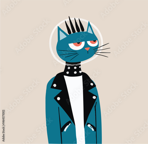 Cat, space cadet, cosmic, Animal Character, vector, illustration, blue and green, street art, funny, quirky, minimalist, simple, 2d, cartoon, profile, tech, futuristic, urban, hip, hipster, animal