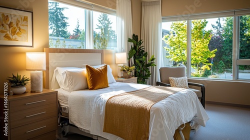 A sunlit bedroom in a modern assisted living facility features a comfortable bed, large , plants, and a chair, creating a peaceful and inviting space.