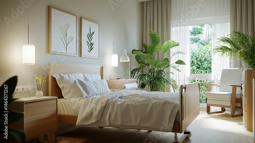 Bright and inviting assisted living bedroom features a comfortable adjustable bed, natural light, plants, and peaceful decor creating a serene environment.