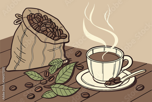 7 Coffee still life, burlap sack of coffee beans, steaming cup of coffee, coffee beans scattered, wooden table, green coffee leaves, warm tones, realistic illustration, soft lighting, detailed texture