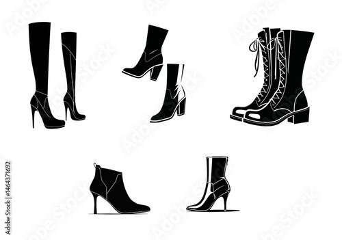 Vector icons of various women's boots in stylish designs on a white background