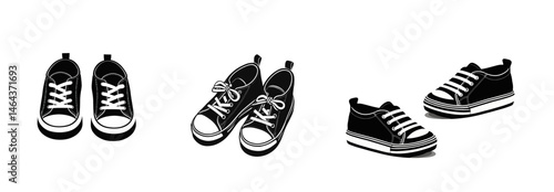Vector icons of various sporty sneakers in black and white style on a plain background