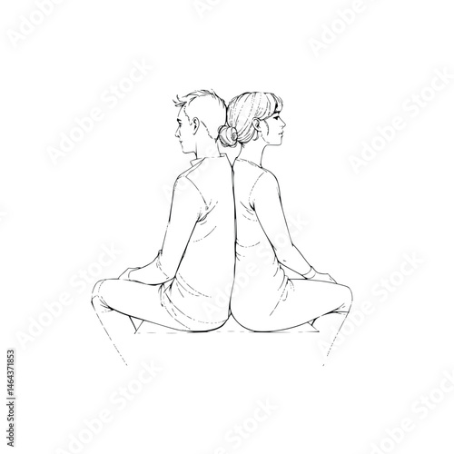 sketch of a couple sitting back-to-back, symbolizing conflict or emotional distance, a minimalist one-line figure, line art illustration