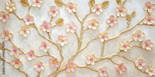 Blossoming tree branches with flowers and leaves embossed from wall create a floral pattern
