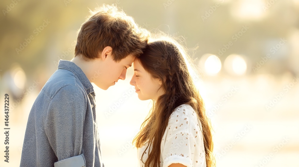 Fototapeta premium A young couple share a gentle affectionate moment in the warm soft light of their surroundings