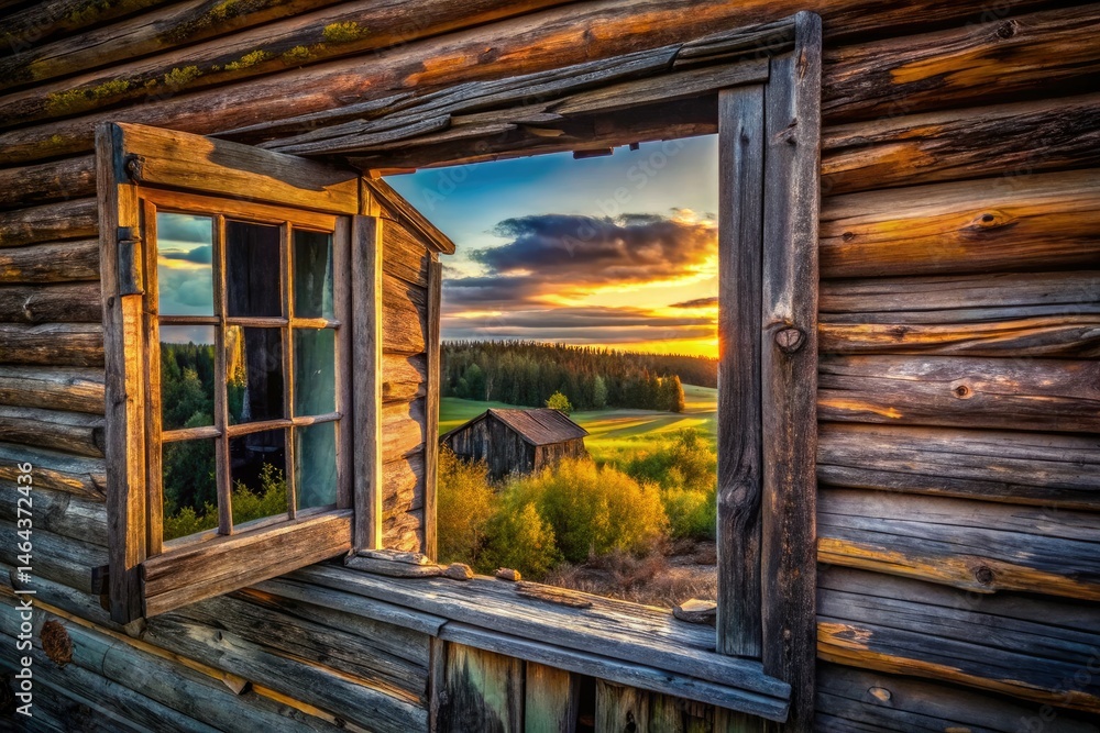 Obraz premium Aerial View: Broken Window, Old Wooden Finnish Building - Drone Photography, Rustic Finland Architecture