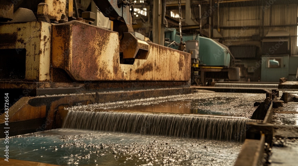 A dramatic side view of a large CNC machine in operation, metal shavings scattered beneath A dramatic side view of a large CNC machine in operation, metal shavings scattered beneath