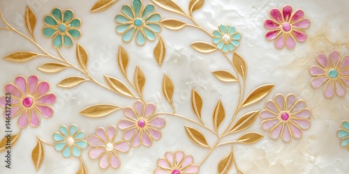 Elegant turquoise and pink flowers with golden stems adorn the bright marble background