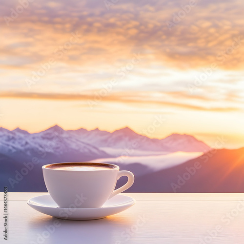 Sunrise coffee cup mountain view