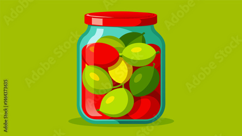 A jar of green olives with pimentos giving a pop of vibrant red against the green.. Vector illustration