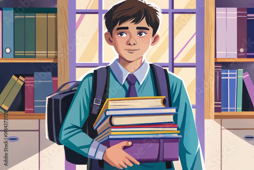 Young schoolboy holding school books, dressed for class and ready to learn. Perfect for education, back to school, learning, and childhood concepts vector