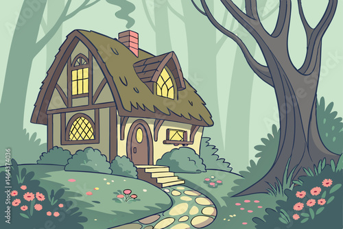 8 Fantasy cottage, whimsical architecture, fairy tale house, enchanted forest, blooming flowers, lush garden, magical atmosphere, glowing windows, thatched roof, curved doorway, mossy stones, towering