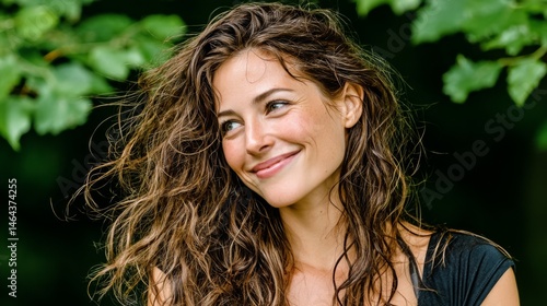Smiling woman with curly hair surrounded by green foliage