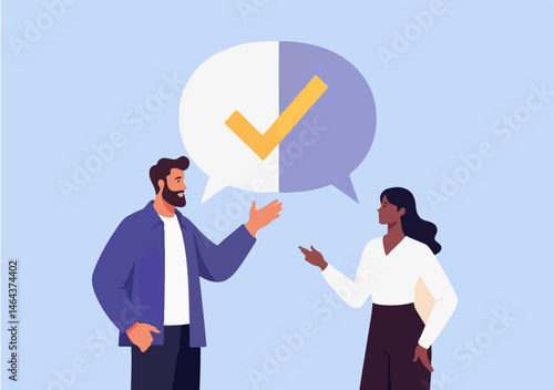 Illustration depicting two colleagues engaging in dialogue to cooperate and attain a shared objective. A conversation bubble with a checkmark symbolizes consensus