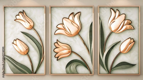 Gold framed tulip wall art decorates the with elegance and modern floral beauty