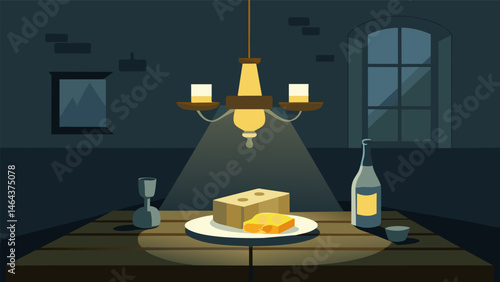 A charmingly dim lit room where a lowhanging chandelier illuminates a table set with a display of aged cheddar smoked gouda and a smooth white wine.. Vector illustration