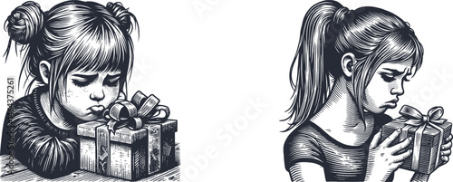 Set of Engraving Designs Featuring a Teenage Girl Pouting Over a Gift – Unique Emotional Pose for Art, Craft, Wood, and Engraving Projects – High-Quality Vector Style, teenage life, body language
 