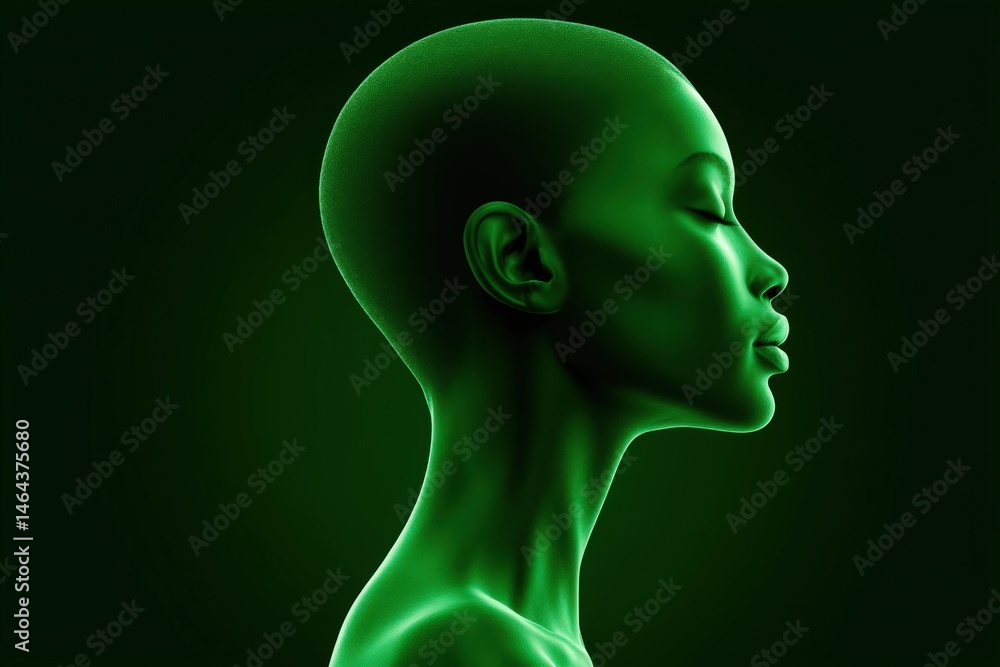 Ethereal profile of a serene figure with green skin illuminated against a dark background capturing a sense of tranquility and contemporary digital artistry showcasing identity and abstraction Ethereal profile of a serene figure with green skin illuminated against a dark background capturing a sense of tranquility and contemporary digital artistry showcasing identity and abstraction
